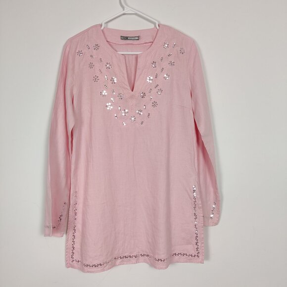 LC Waikiki Women's 100% Linen Tunic Shirt Size Large Mini Dress Bohemian Sequins - Picture 1 of 10